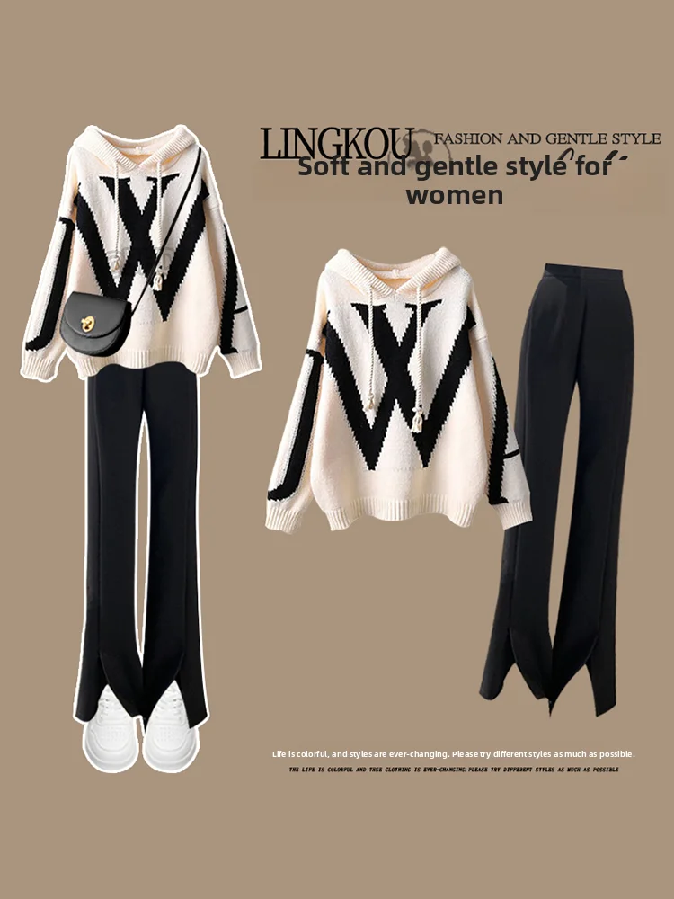 

Autumn Faion Set Women's Street Sle Knitted Top And Suit Pants Two-Piece Ensemble Small Size Premium Feel