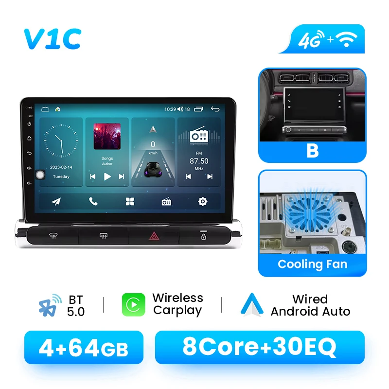 Auto radio voor Citroen C3 C4 Aircross 2017-2023 Android14 8-Core 8GB+128GB 1280*720P IPS Draadloze CarPlay Android Auto 4G WIFI GPS