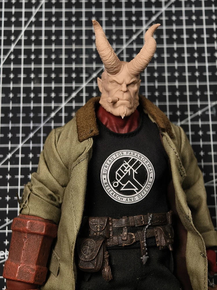 1/12 Hellboy Man Soldier Unpainted Head Sculpt Toys Accessory Customziation For 6" Mezco Muff AD01 7" Mcfarlane Body Decoration view 6