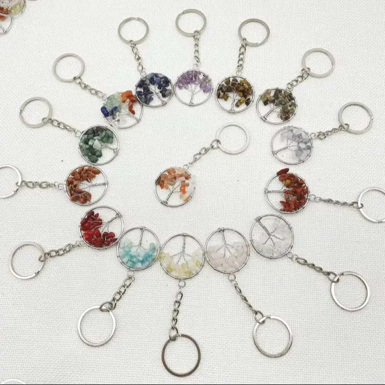 Hot Selling Natural Gem Stone Crystal Quartz fluorite lapis amethyst 7 Chakra Round 30MM Life Of Tree Pendant Keychain Chain