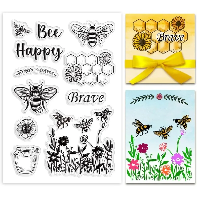 1pc Bee Happy Butterfly Clear Stamp Flower Silicone Stamps Honeycomb Rubber Stamps Honey Jar Clear Stamp for DIY Scrapbooking