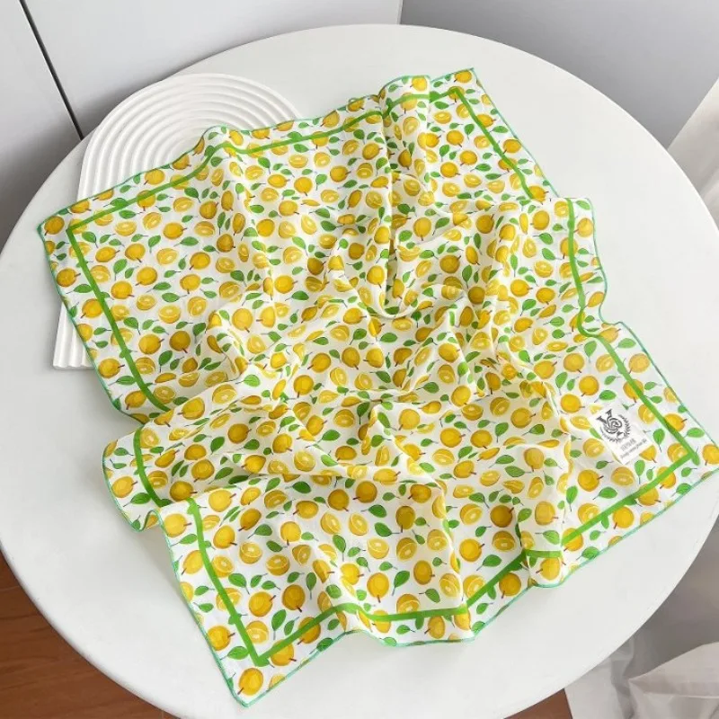 Women Fruit Print 65 Square Scarf Pure Cotton Fresh Style Breathable Neckerchief Multi use Hair Band For Spring