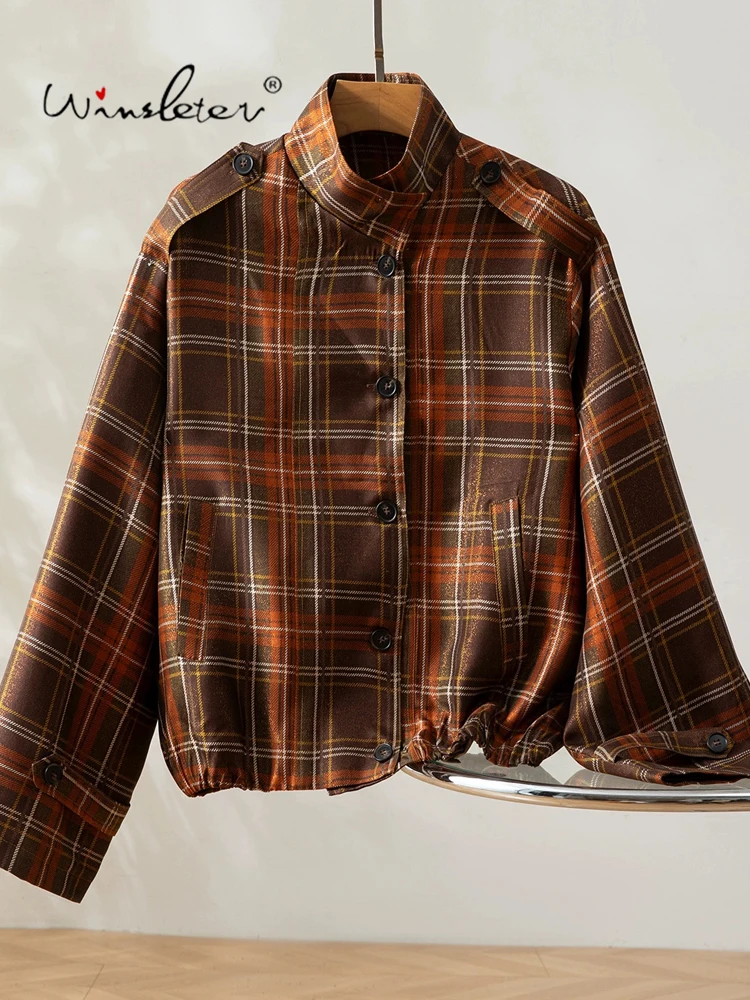 

Winsleter-52%Silk 46%Wool Elegant Coat, Stand Plaid Pocket Buttons, Women Retro British Style Loose Coat, 2025 Winter C5D307CC