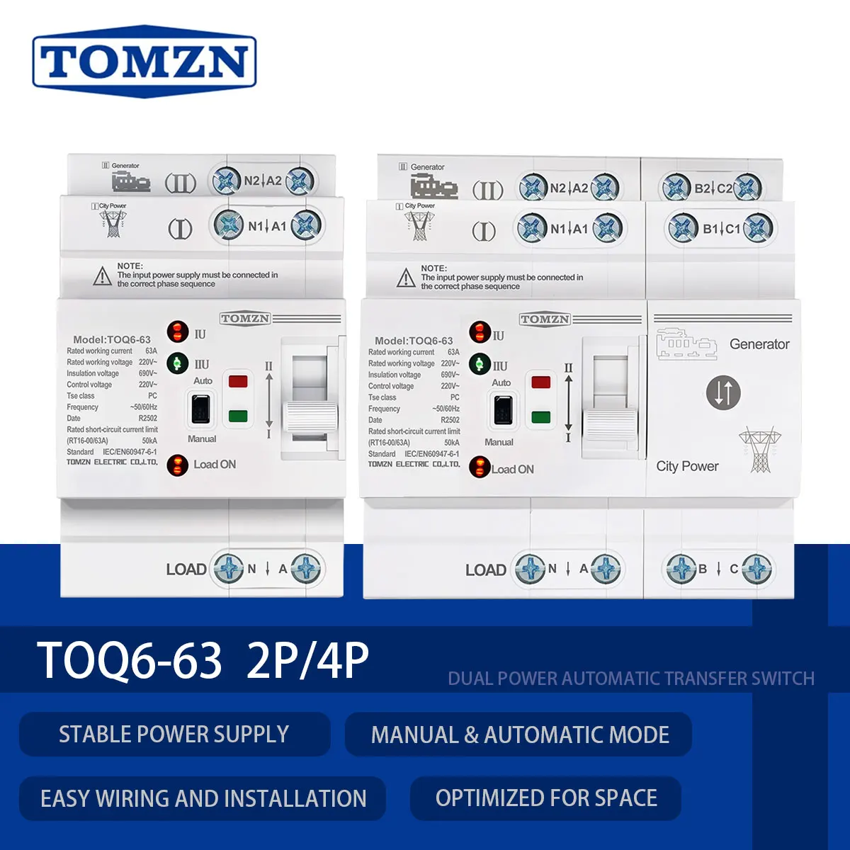 TOMZN Small Size Automatic Transfer Switch TOQ6 2P 4P 63A Din Rail Generator to City Power 230V AC PC Class 50/60Hz Manual