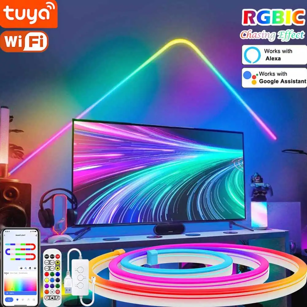 TUYA Neon LED Strip Lights 5V Neon Rope Light 1M/2M/3M 84LEDs/M with Music Sync RGBIC Dreamcolor Chasing Strip Tape Lighting