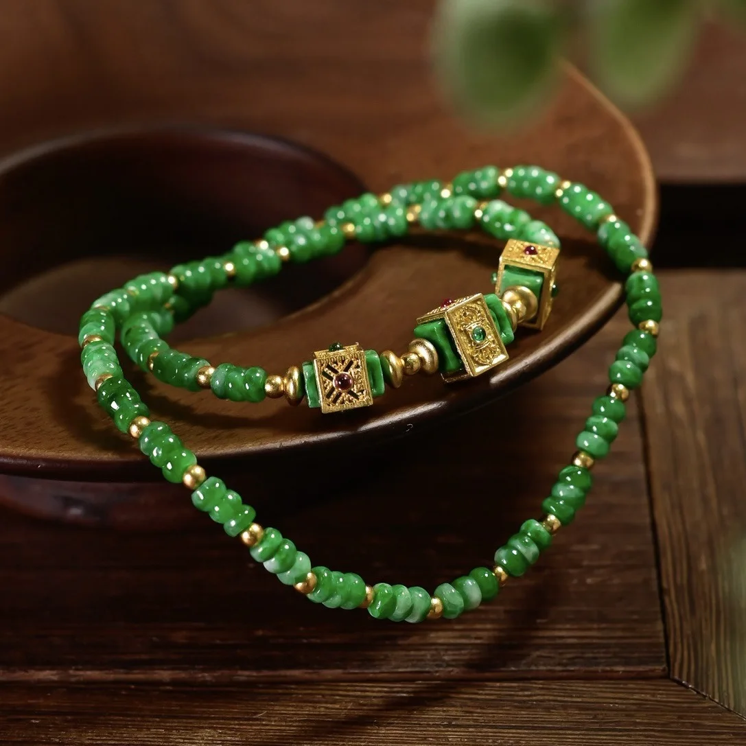 S925 Gold-plated Double Strand Bracelet, Natural Grade A Green Jadeite Disc Beads Vintage Women Wrist Jewelry