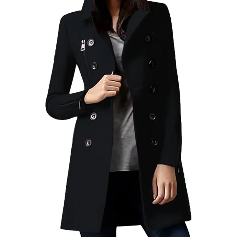 Autumn Winter Women\'s Coat Wool Blend Solid Lined Coat Outerwears Female Jackets Double Breasted Lapel Long Women\'s Overcoat