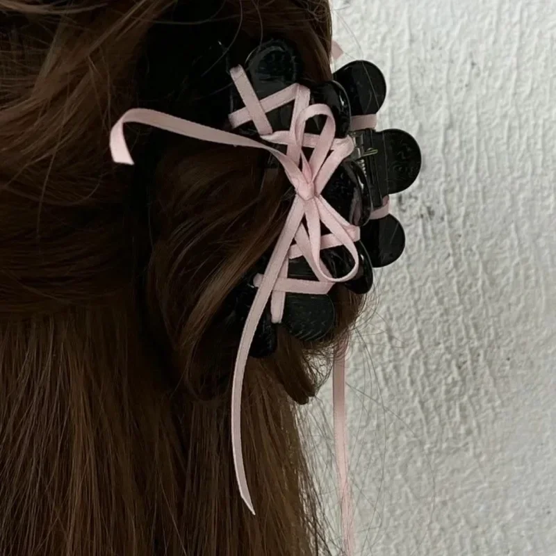 YHJ Acrylic Ballet Style Hair Claw Korean Ribbon Tie Bow Flowers Hair Clips Sweet Girl Wave Grab Clip Hair Accessories for Women