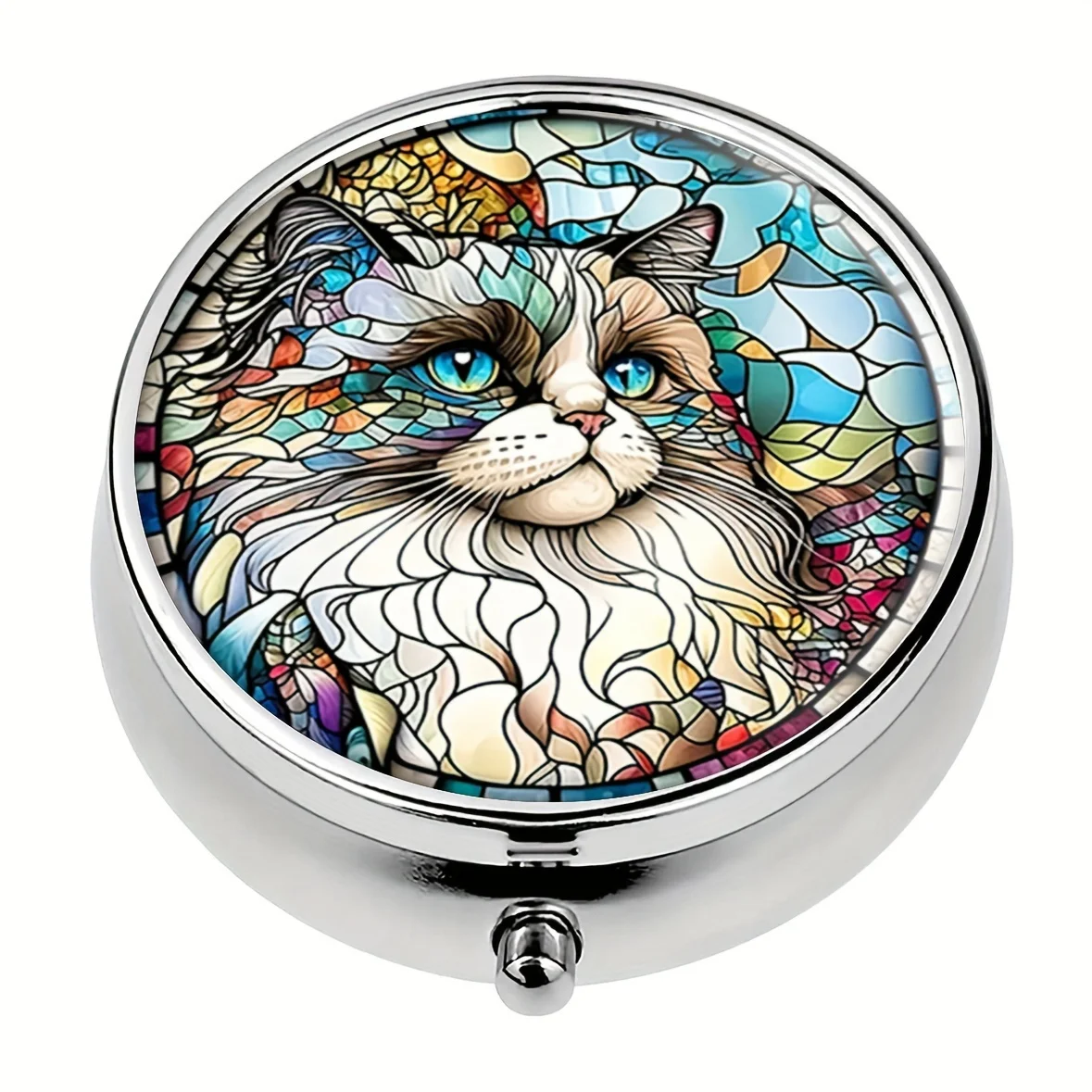 Ragdoll cat design 3-grid round pill storage box,mini portable travel tablet vitamin holder box,portable pocket or wallet