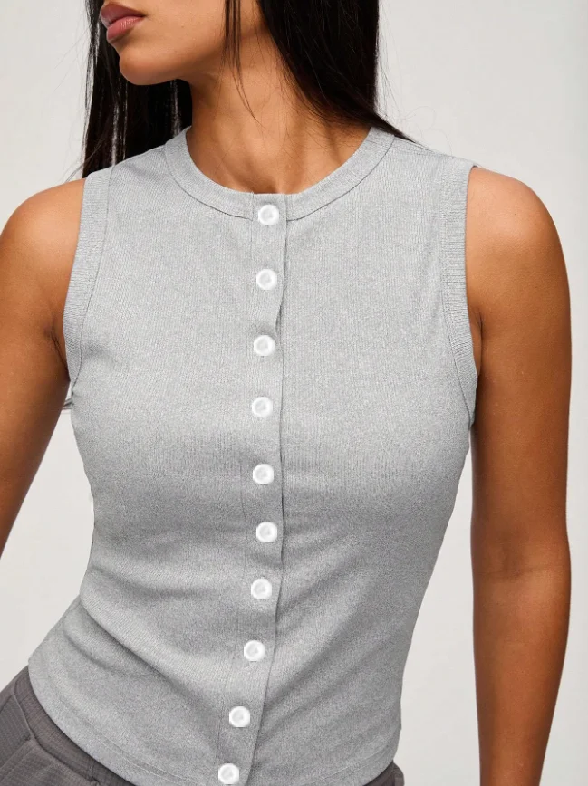 

Women Solid Color Ribbed Knit Sleeveless Vest Casual Button Front Slim Fit Waistcoat For Daily Wear Layering & Streetwear