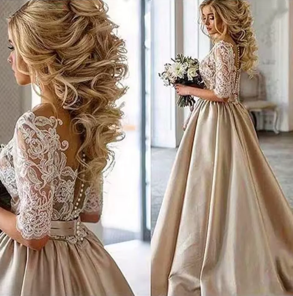 

Elegant A-Line Wedding Guest Dress Satin Bridal Gown Illusion Neckline Half Sleeve Sweep Train Formal Dress 2025 Free Customized