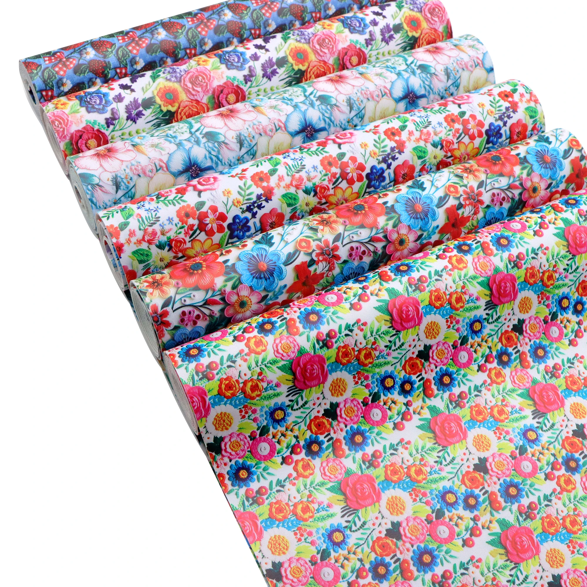 1ม้วน11.8x55.1in หนังสังเคราะห์พื้นผิวเรียบแผ่น3D ภาพดอกไม้บาน Bahan Kain kulit ใยสังเคราะห์พิมพ์ลายสตรอเบอร์รี่ดอกไม้