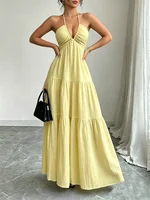 Women Halter Maxi Dress Neck Tiered Gathered Bust Textured Empire Waist Dresses Casual Boho Summer Date Vacation Beach Dress - Image 3