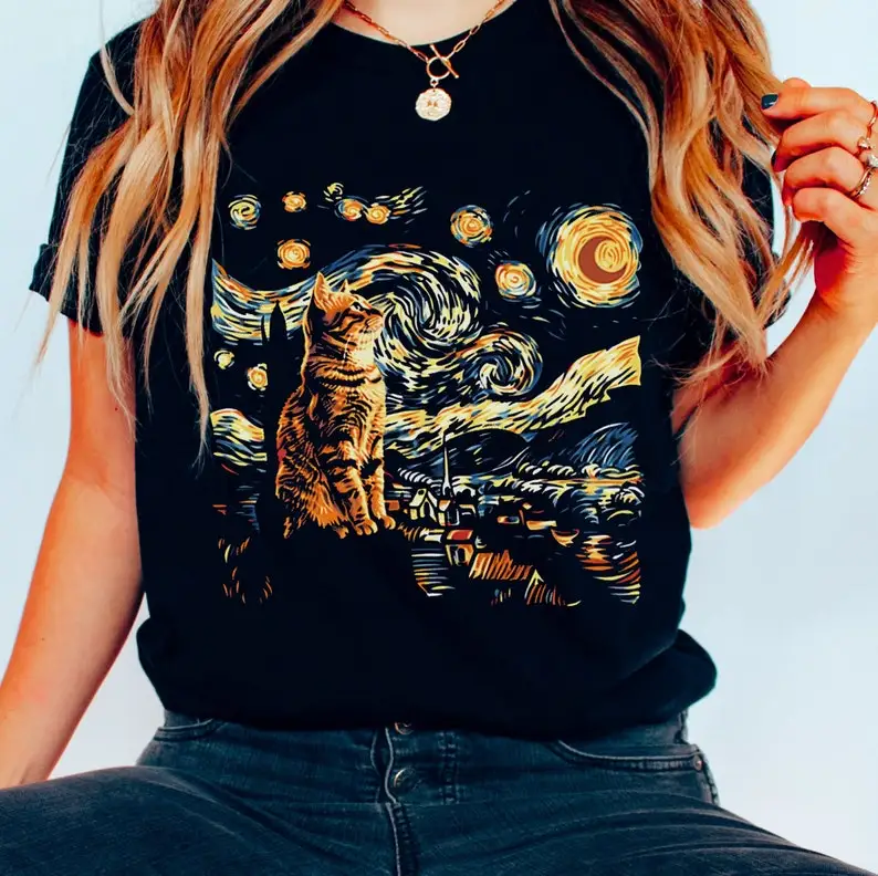 Cat Starry Night shirt, Cat Tee, Van Gogh, Cat Gift, Vintage T-Shirt, Vincent Van Gogh Shirt