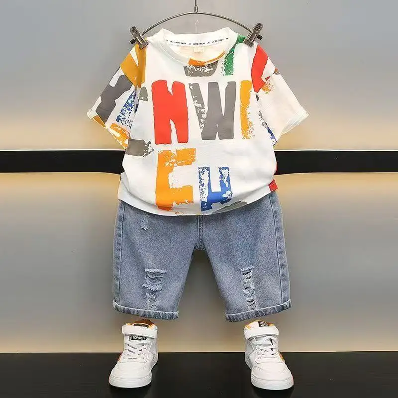 

Summer 2026 New Baby Boys Clothes Cartoon Sports T-Shirt + Ripped Denim Shorts Sets for Toddler Infant Clothing Casual Outfits