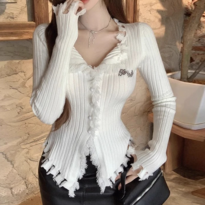 Women V-Neck Knit Sweater Fashion Pattern Tassel Irregular Hem Long Sleeve Pullovers Fall Winter Slim Fit Jumpers Streetwear