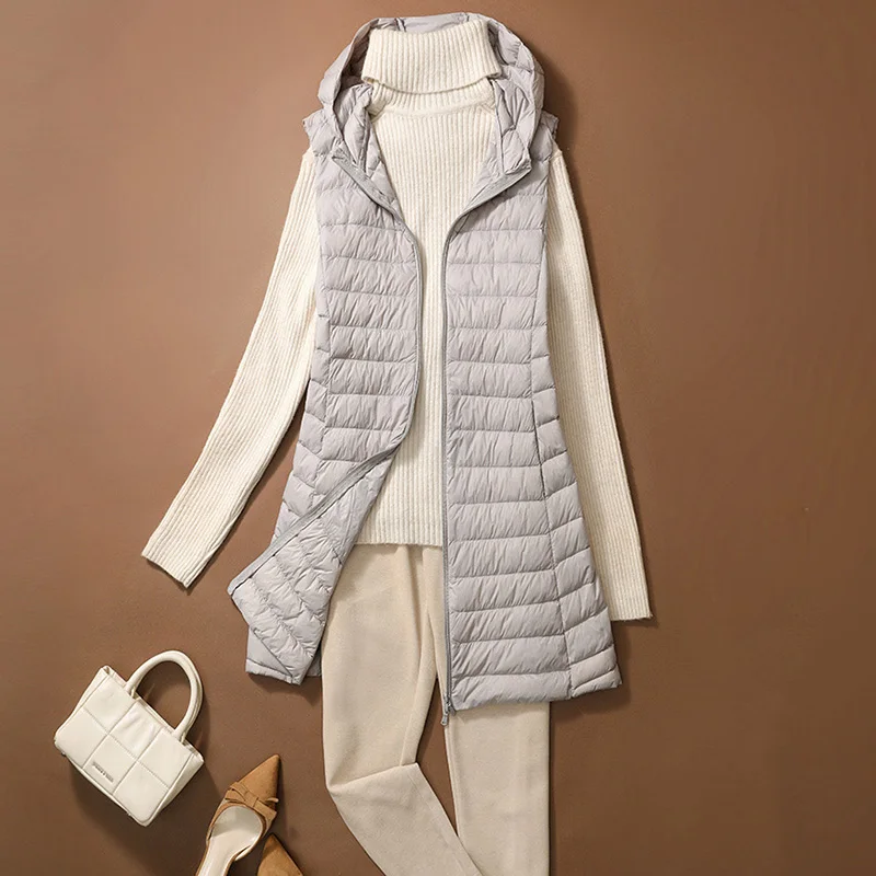 Ultra léger mince canard vers le bas gilet femmes hiver longues vestes à capuche mince gilet automne décontracté basique Parkas