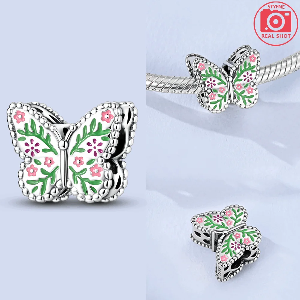 Abalorios de Plata de Ley 925 con Forma de Hoja Verde y Mariposa, Compatibles con Pulseras Originales, Bolsos, Llaveros, Pendientes, Colgantes, Joyería DIY para Mujer, Regalo
