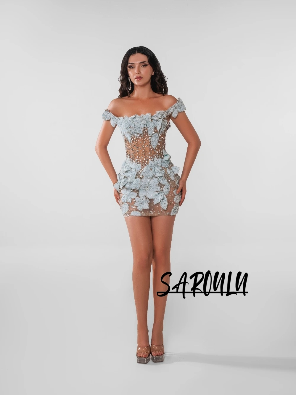 New Arrival Blue Floral Homecoming Dress Customized Delicate Graduation Party Cocktail Gown Elegant Off Shoulder Crystals Wear