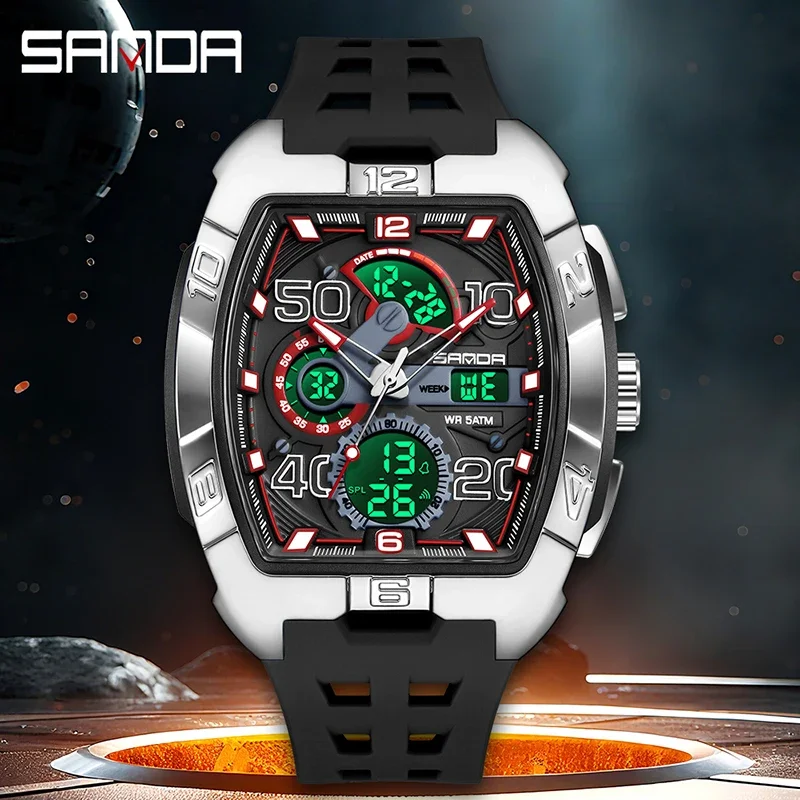 SANDA Fashion Watch for Man Tonneau Dial Multi-function Dual Display LED Luminous Sports 5Bar Waterproof Military Students Watch - view 5
