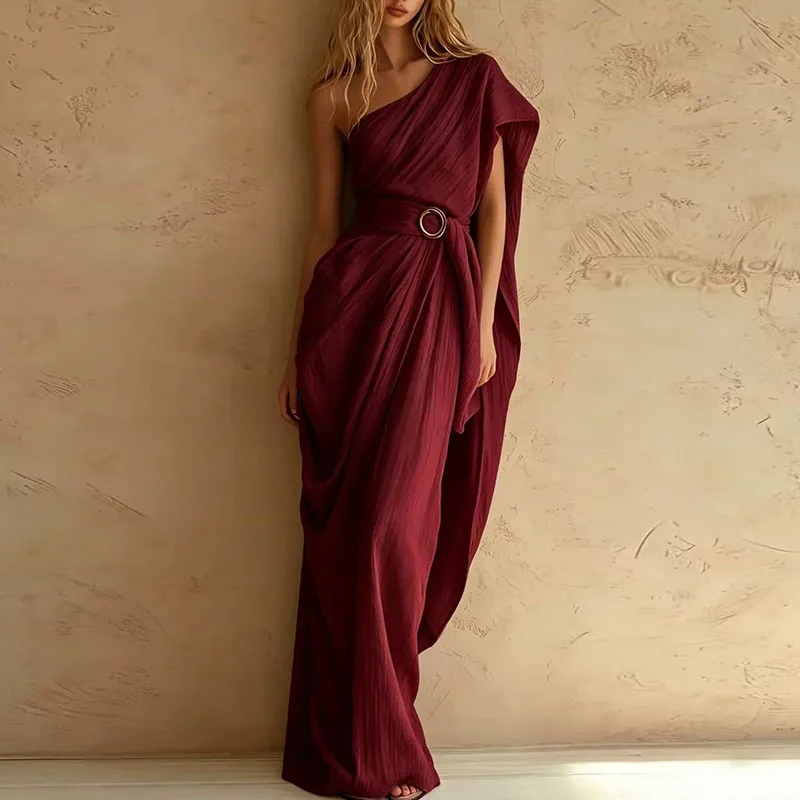 Women Crinkle Texture Solid One Shoulder Maxi Dress Draped Wrap Belted Waist With Ring Buckle Flowy Robe Summer Holiday Sundress - view 4