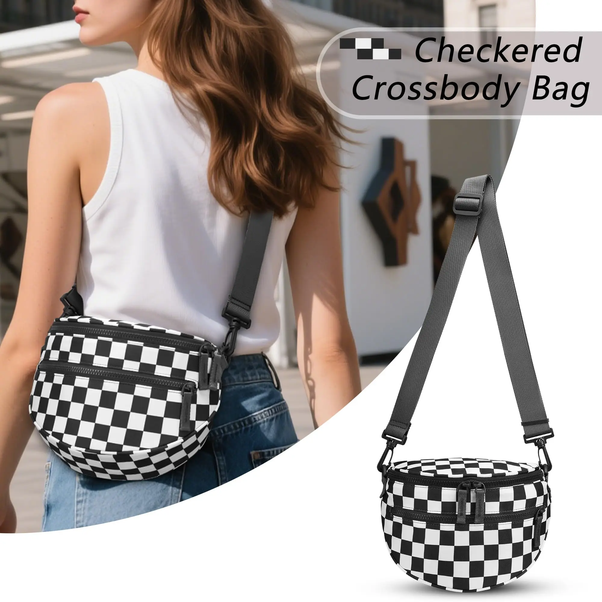 Mini Version Black and White Checkered Crossbody Bag Bum Bag for Women,checkered fanny pack Handbags Wallets Small Belt Bag