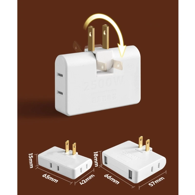 2-prong Rotatable Socket Converter 180 Degree Extension Plug Adapter Foldable USB Plug Adapter Wall Outlet Extender