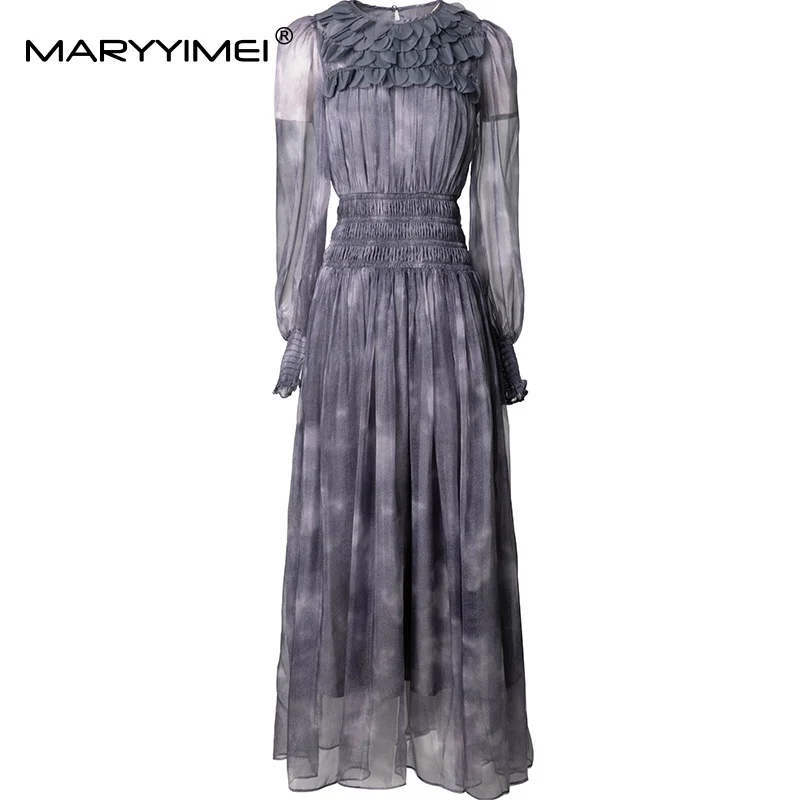 

MARYYIMEI Fashion design Women's Dress Appliques Mesh Long-Sleeved Elastic Waist Elegant Chic Summer Dresses