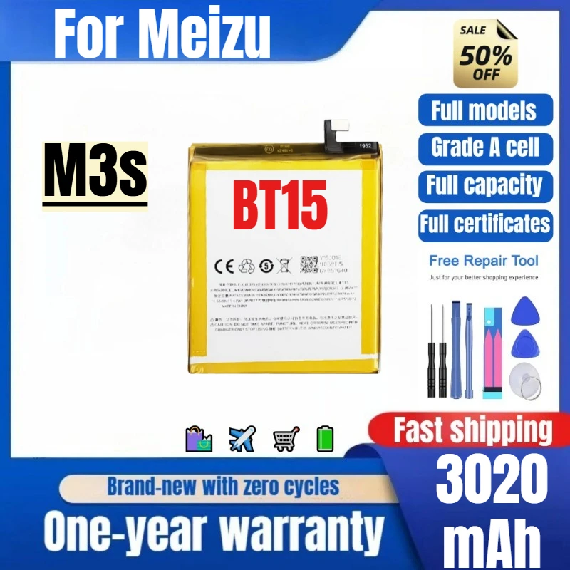 

BT15 for Meizu M3s Mobile Phone Battery 0 Cycle High Quality High Capacity Battery Replacement Bateria Grade A Cell with Tools