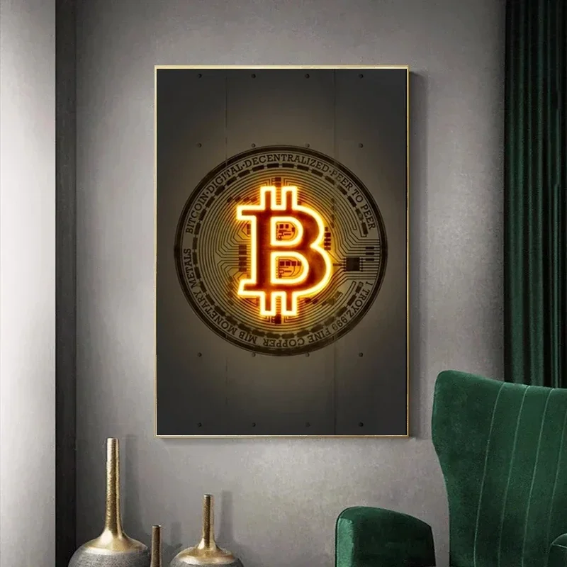 Neon Golden Bitcoin Poster Abstract Crypto Currency Canvas Painting Wall Art Pictures Modern Living Room Home Decor