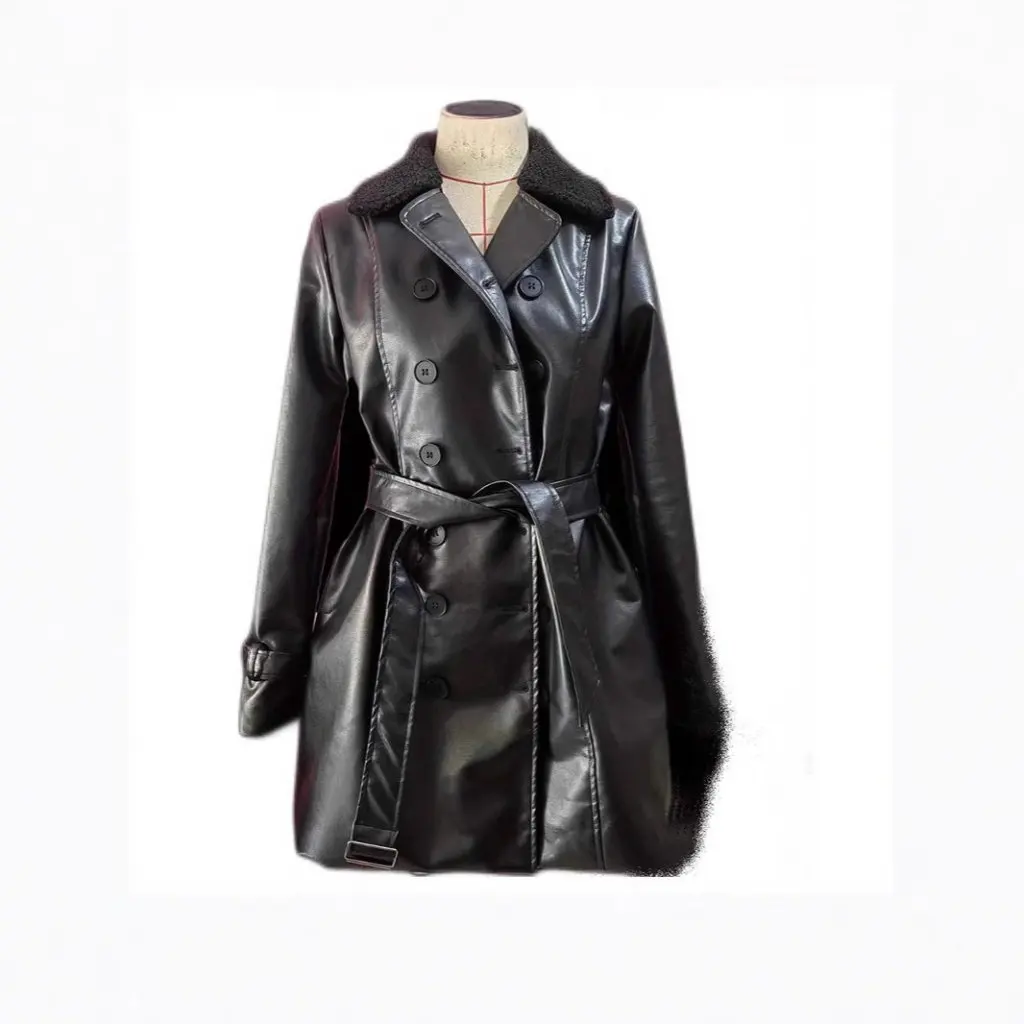 

Women's British-Style Thickened Fur Collar Mid-Length Leather Jacket Motorcycle-Style Coat Fashion