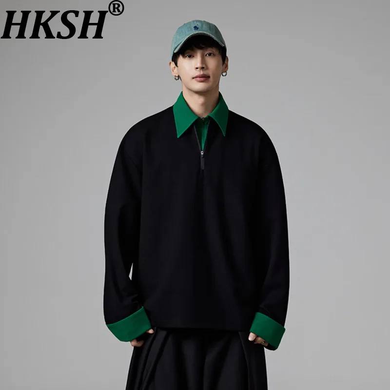 

Мужская футболка HKSH, весна-осень, новая коллекция, в корейском стиле, с двойным воротником, в стиле пэчворк, с контрастными цветами, элегантная повседневная, с длинным рукавом, пуловер, HK18535