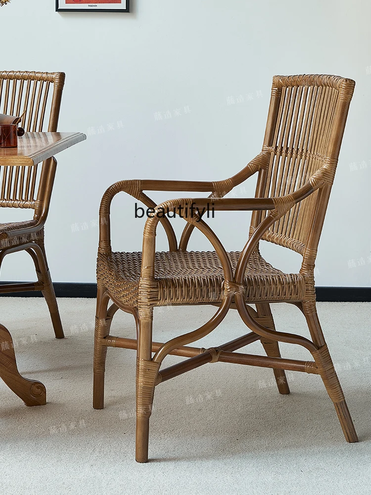 Rattan Chair Real Rattan Backrest Single Dining Chair Old Rattan Chair Retro Leisure   Balcony Couch Hand Woven