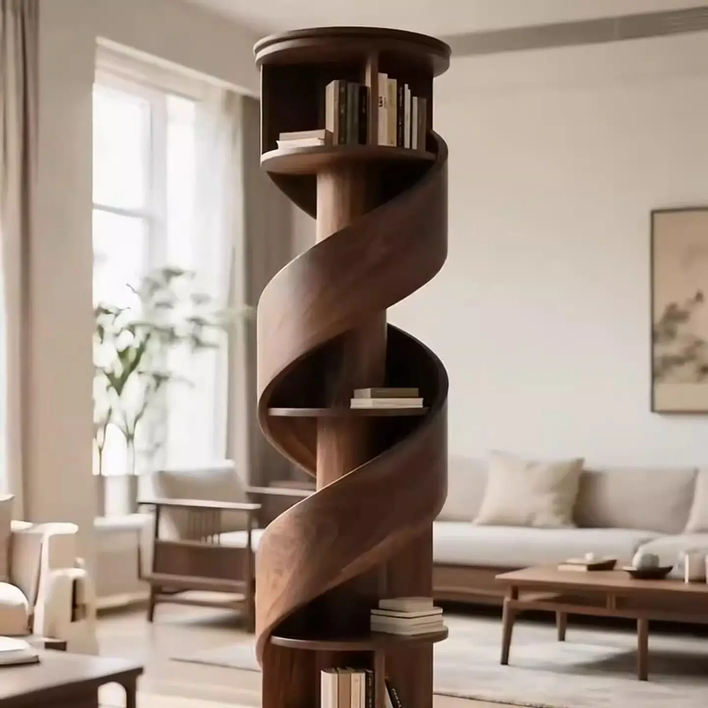 New Chinese-style North American black walnut spiral bookshelf, Song-style aesthetic special-shaped rotating bookshelf