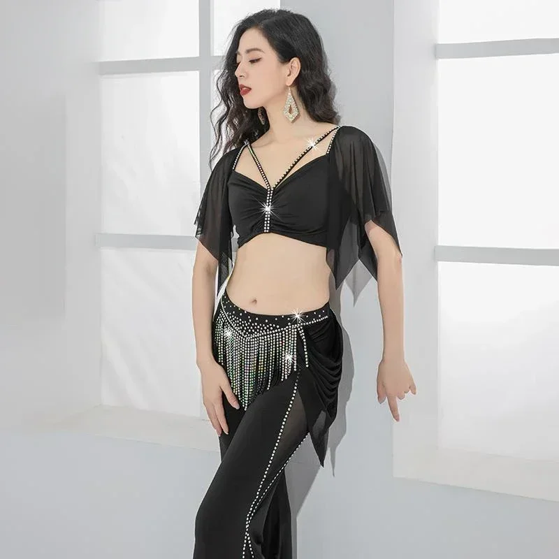 Top com decote em v + calças com cinto de borla calças flare adulto dança oriental roupas de treinamento profissional conjunto de prática de dança do ventre