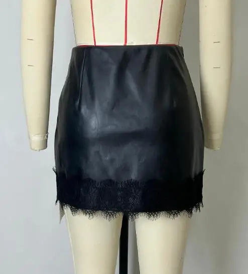 2026 ماتي عالية الخصر الورك المعانقة نصف الجسم تنورة جلدية بولي leather الجلود سستة تنورة قصيرة المرأة الدانتيل المرقعة نصف الجسم تنورة