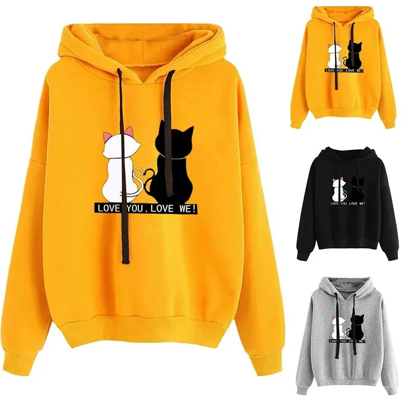 2025 feminino dos desenhos animados gato impressão hoodie estilo coreano manga longa pulôver casal moletom em torno do pescoço casual