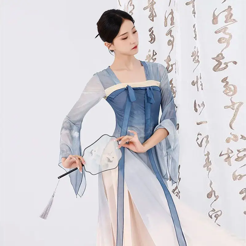 Tenue de danse classique pour femme, ensemble Hanfu fluide, grande jupe pivotante, costume de danse chinoise, ensemble d'entraînement, tenue de performance avec ruban