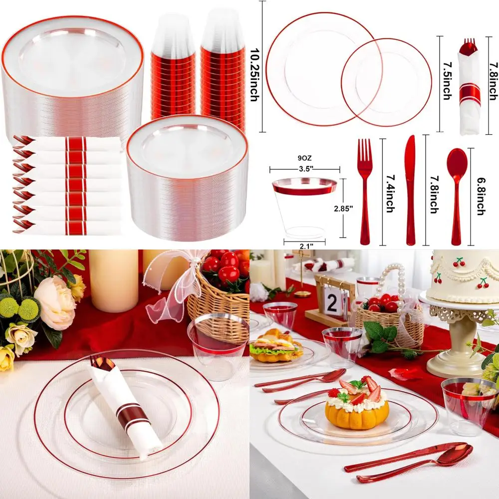 

Red and Clear Plastic Dinnerware Set for 50, Including 50 Dinner Plates, 50 Dessert Plates, and 50 Napkins