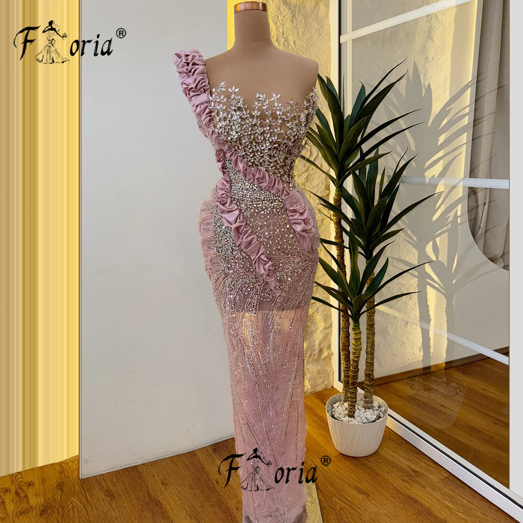 

Luxury Pink Crystals Beaded Mermaid Prom Dress 3D Appliques Tulle Evening vestidos de ocasión formale Cocktail Customized 2025