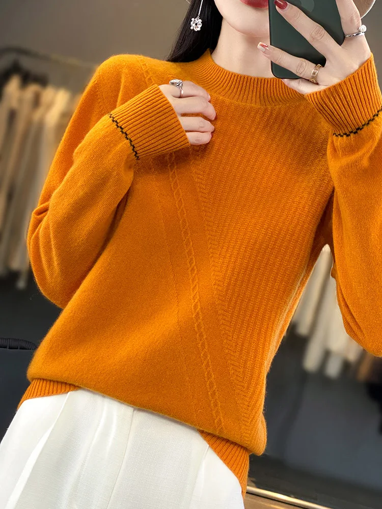 100% Merino sweter wol wanita kualitas tinggi pullover kerah tiruan lengan panjang wol lembut pakaian wanita hangat musim gugur musim dingin