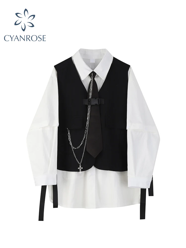 2022 Spring Autumn Women's Two-Piece Sets Streetwear Fashion Tooling Style Vest And Solid Loose Long Sleeve Shirts Female Suit