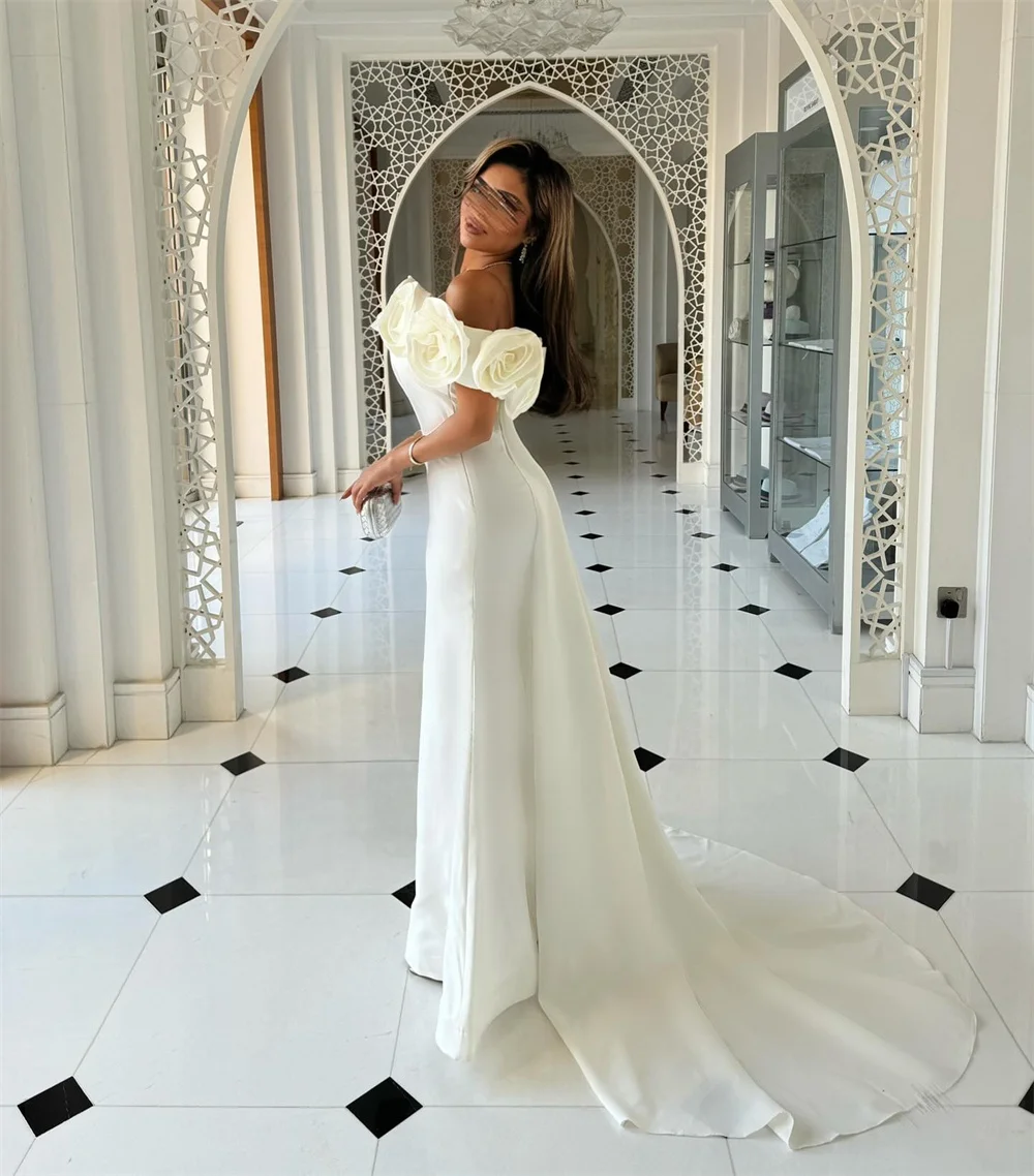 Suknie wieczorowe Mila z odkrytymi ramionami, białe, szyte na miarę, syrenka, sukienka na studniówkę z kwiatami 3D, 2025, tren dworski, zapinana na zamek, suknie formalne na przyjęcie weselne.