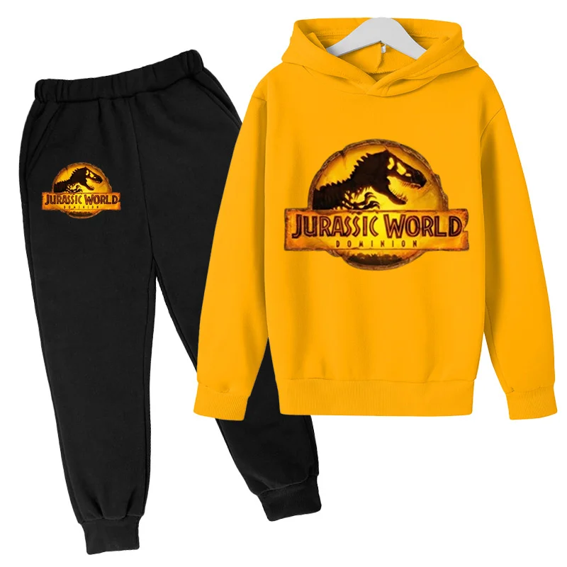 Kids Spring and Autumn Hoodies, casual sports two-piece set for boys and girls aged 3-12 hot selling Jurassic Park top and pants