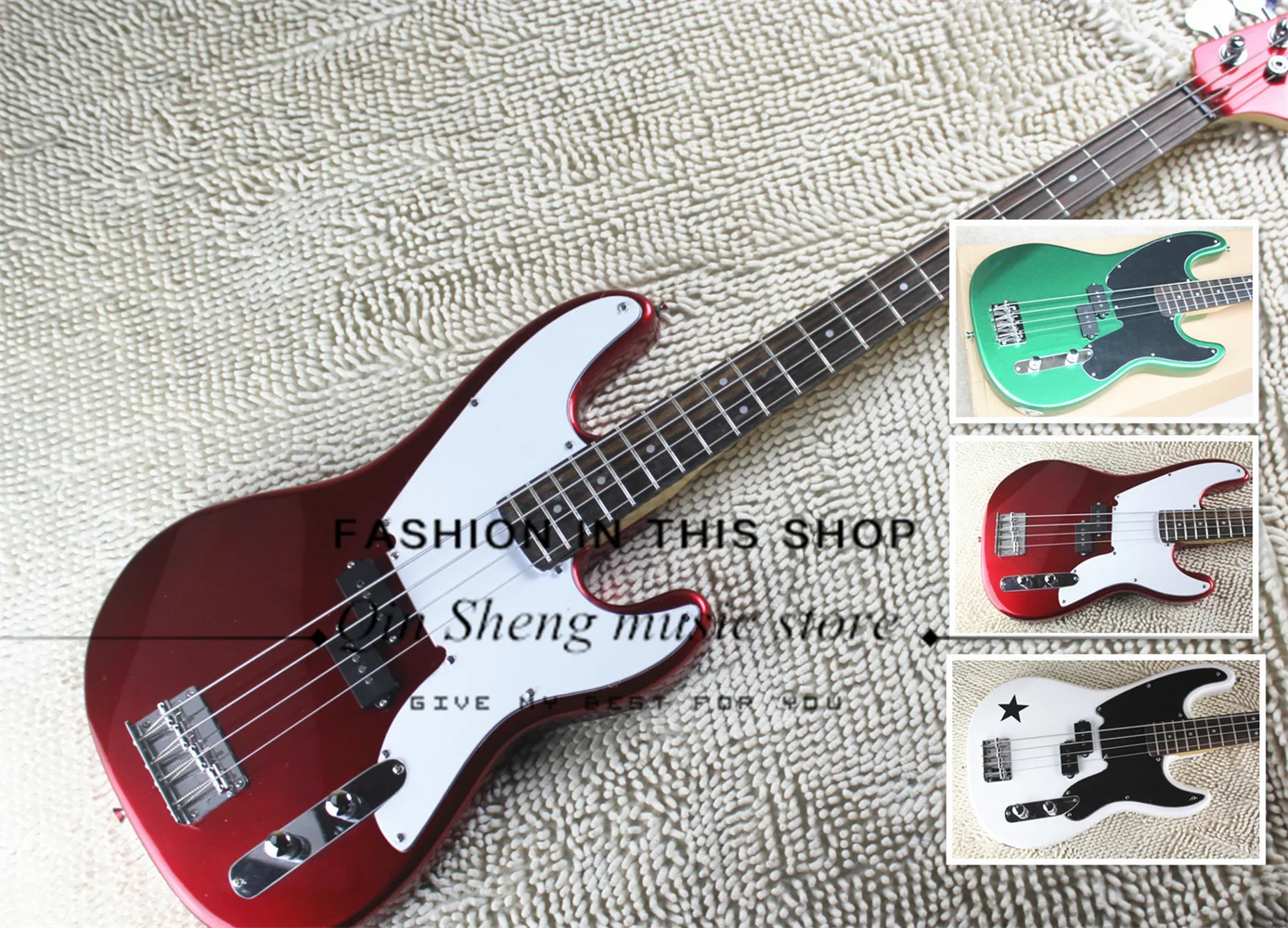 Metal red bass, 4-string bass guitar, basswood body, maple neck, rosewood fingerboard, white pickup board, fixed bridge