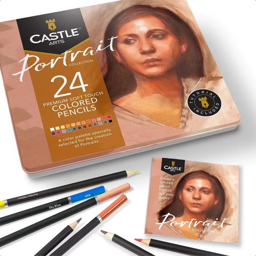 

Castle Arts Themed 24 Coloured Pencil Set in Tin Box perfect colours for Portraits. Featuring smooth coloured cores blending la