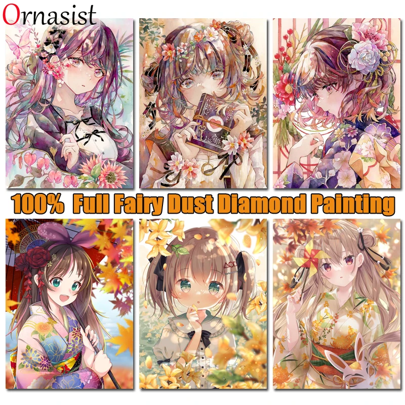 5D Fairy Dust Drill Diamond Painting Cross Stitch Cartoon Girl Flower Full Crystal Diamond Mosaic Embroidery Set Home Decoration
