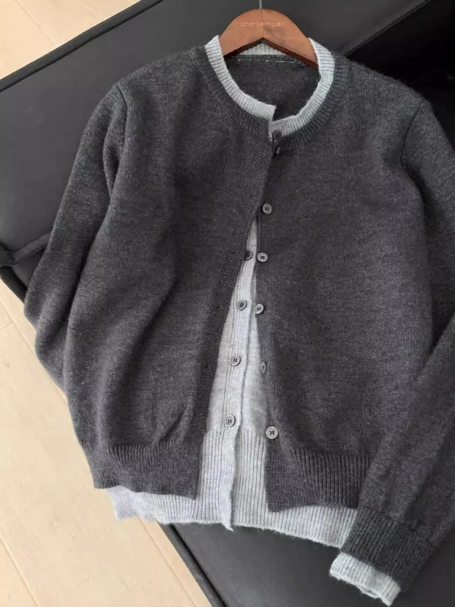 

Fake Two Pieces Sweater Jacket Knitted Cardigan Women's Autumn Winter New Loose Single Breasted Sweaters Overcoat