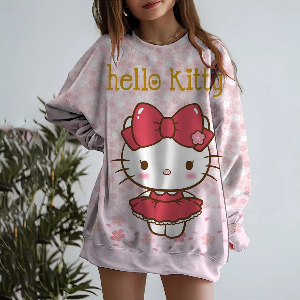 Women's Hello Kitty Coulomi Printed Sweatshirt, High Street Women's Hoodie, Y2K Pattern Clothing, Casual Round Neck Sweater