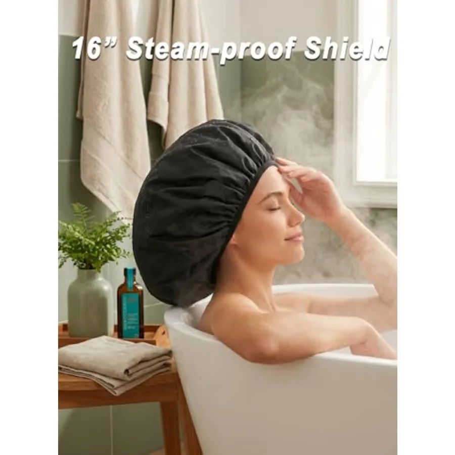 Extra Large Shower Cap, Double-Layer Waterproof Reusable, XL Satin Lining Shower Bonnet for Women Thick, Long Hair, Locs, Braid